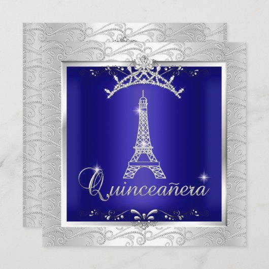 Quinceanera Royal Blue Silver Tiara Eiffel Tower Kaart (Voorkant / Achterkant)