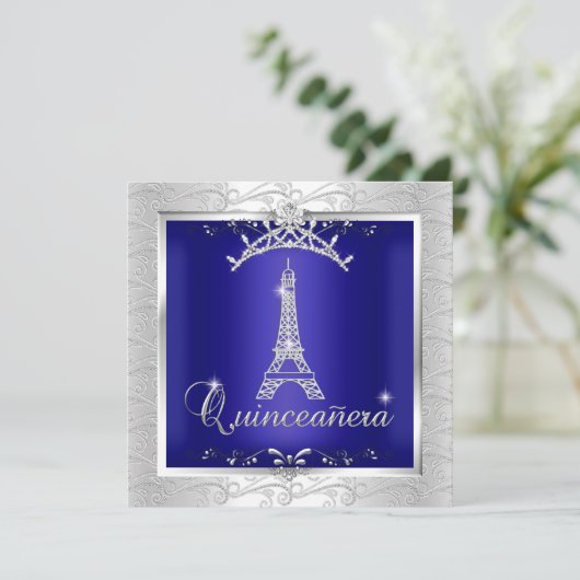 Quinceanera Royal Blue Silver Tiara Eiffel Tower Kaart (Staand voorkant)
