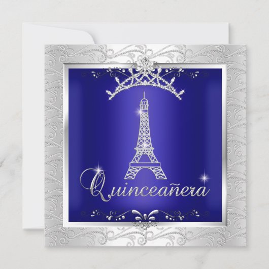 Quinceanera Royal Blue Silver Tiara Eiffel Tower Kaart (Voorkant)