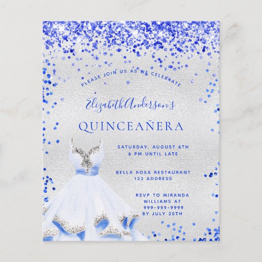 Quinceanera royal blue Silver-uitnodiging Flyer (Voorkant)