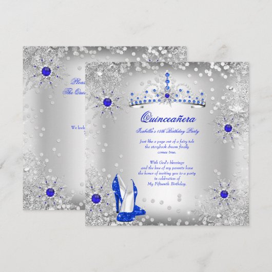 Quinceanera Royal Blue Silver Winter Wonderland Kaart (Voorkant / Achterkant)