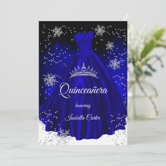 Quinceanera Royal blue snewflake Silver Dress Kaart (Staand voorkant)