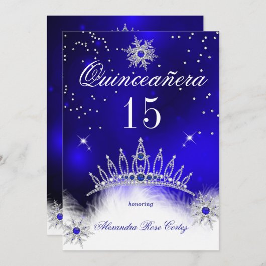 Quinceanera Royal Blue Snowflake 15th Birthday Kaart (Voorkant / Achterkant)