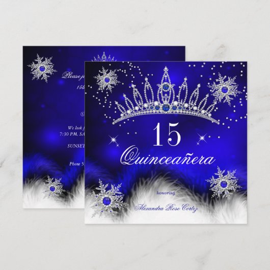 Quinceanera Royal Blue Snowflake 15th Birthday Kaart (Voorkant / Achterkant)