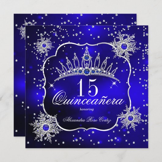 Quinceanera Royal Blue Snowflake Tiara 15de partij Kaart (Voorkant / Achterkant)