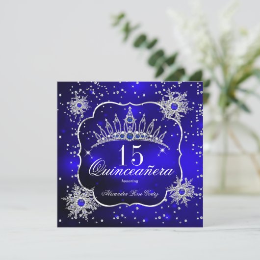 Quinceanera Royal Blue Snowflake Tiara 15de partij Kaart (Staand voorkant)