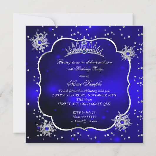 Quinceanera Royal Blue Snowflake Tiara 15de partij Kaart (Achterkant)