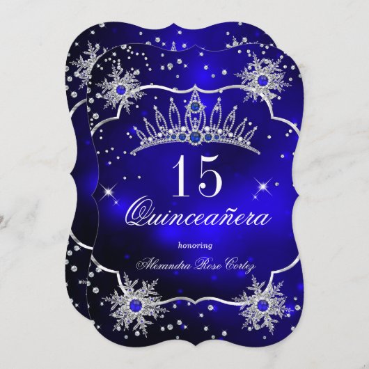 Quinceanera Royal Blue Snowflake Tiara 15de partij Kaart (Voorkant / Achterkant)