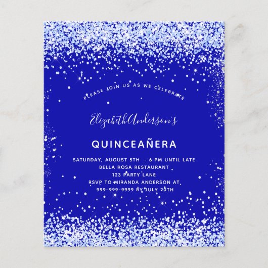 Quinceanera royal blue-white budget uitnodiging flyer (Voorkant)