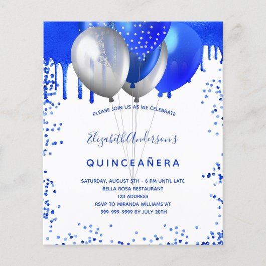 Quinceanera royal blue-white budget uitnodiging flyer (Voorkant)