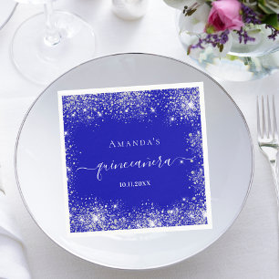 Quinceanera royal blue zilver glitter monogram servet