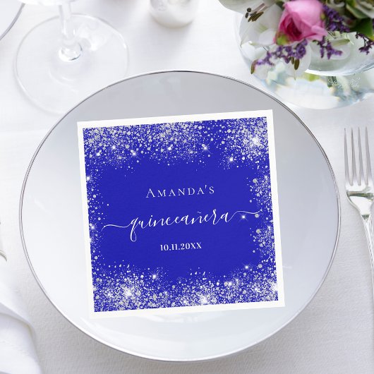 Quinceanera royal blue zilver glitter monogram servet