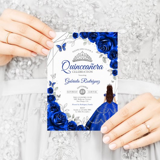 Quinceanera Royal Blue Zilveren Jurk Kaart