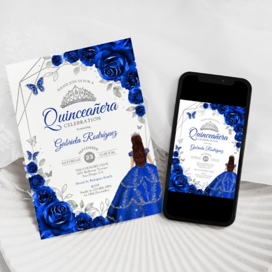 Quinceanera Royal Blue Zilveren Jurk Kaart