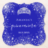 Quinceanera royal blue zilverglitter tiara name kartonnen onderzetters (Voorkant)