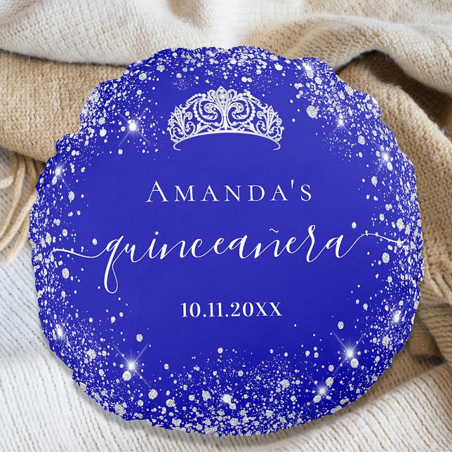 Quinceanera royal blue zilverglitter tiara name rond kussen (Creator heeft geüpload)
