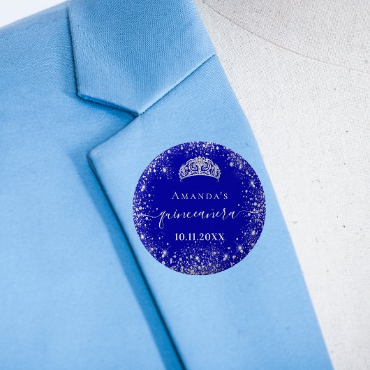 Quinceanera royal blue zilverglitter tiara name ronde button 5,7 cm