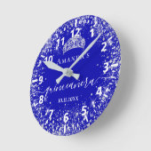 Quinceanera royal blue zilverglitter tiara name ronde klok (Hoek)