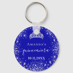 Quinceanera royal blue zilverglitter tiara name sleutelhanger