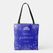 Quinceanera royal blue zilverglitter tiara name tote bag (Achterkant)