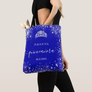 Quinceanera royal blue zilverglitter tiara name tote bag