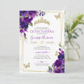 Quinceañera Royal Paars Floral Butterfly Kaart (Staand voorkant)