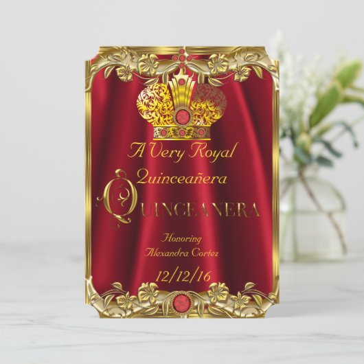 Quinceanera Royal Red Gem Gold Princess Crown Kaart (Staand voorkant)