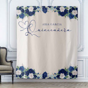 Quinceanera Royal Roos Blauw Bloemen Achtergrond Wandkleed