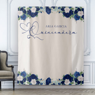 Quinceanera Royal Roos Blauw Bloemen Achtergrond Wandkleed