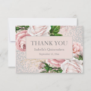 Quinceañera Roze Bloem Zilver Glitter Dank Je Bedankkaart