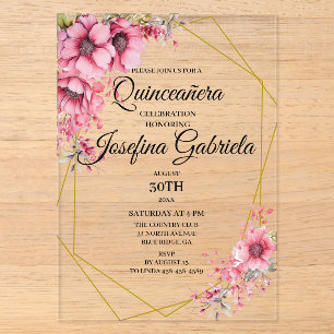 Quinceanera roze bloemen acryl uitnodigingen