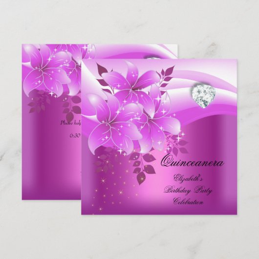 Quinceanera Roze Bloemen Diamant Verjaardagsfeest Kaart (Voorkant / Achterkant)