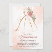 Quinceañera Roze Bloemen Gouden Jurk 15e Verjaarda Kaart (Voorkant)