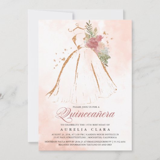 Quinceañera Roze Bloemen Gouden Jurk 15e Verjaarda Kaart (Voorkant)