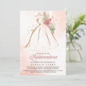 Quinceañera Roze Bloemen Gouden Jurk 15e Verjaarda Kaart (Staand voorkant)