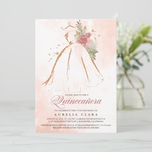Quinceañera Roze Bloemen Gouden Jurk 15e Verjaarda Kaart (Staand voorkant)