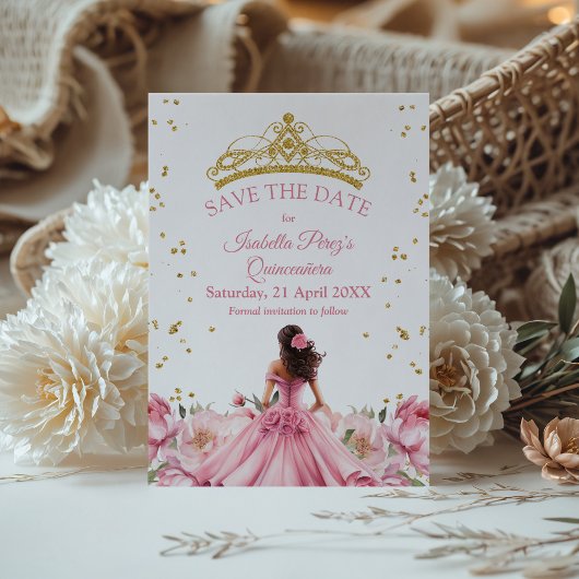 Quinceanera Roze Bloemen Prinses Bewaar de Datum Kaart