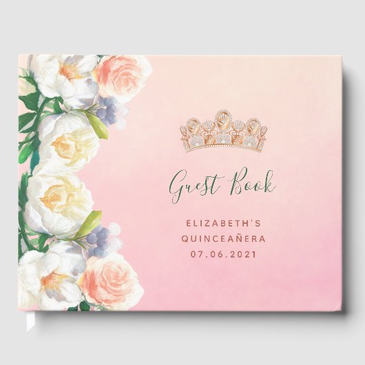 Quinceanera roze bloemen tiara glamoureuze naam gastenboek (Voorkant)