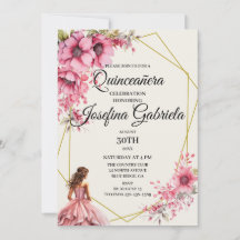 Quinceañera roze bloemen uitnodiging