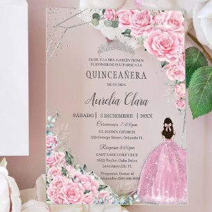 Quinceañera Roze Bloemen Zilver 15 Verjaardag Spaa Acryl Uitnodigingen