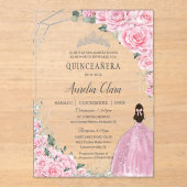 Quinceañera Roze Bloemen Zilver 15 Verjaardag Spaa Acryl Uitnodigingen (Voorkant)