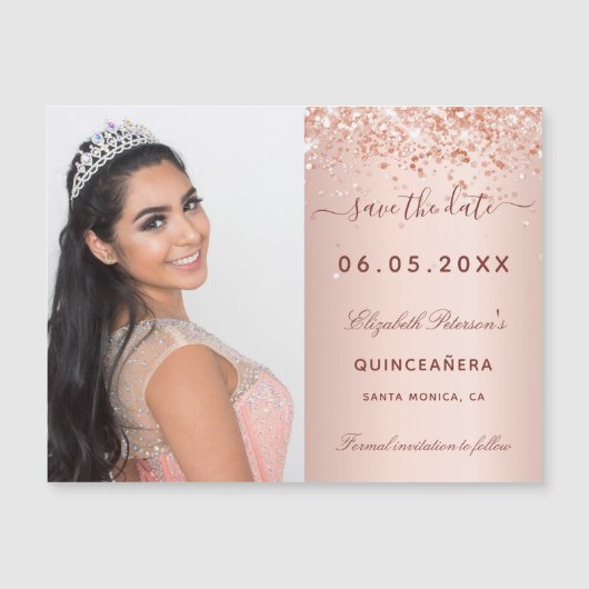 Quinceanera roze blos foto Bewaar de datum-magneet (Voorkant)