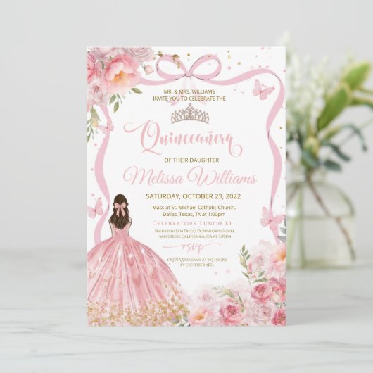 Quinceanera Roze Blush Roos Vlinder Goud  Kaart (Staand voorkant)
