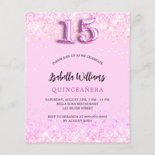 Quinceanera roze confetti budget uitnodiging flyer (Voorkant)
