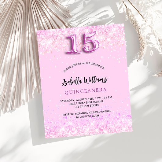 Quinceanera roze confetti budget uitnodiging flyer