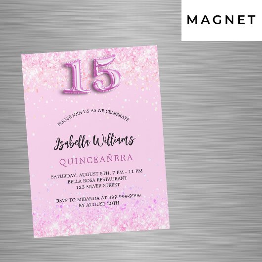 Quinceanera roze confetti meisje party luxe magnetische uitnodiging