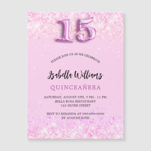 Quinceanera roze confetti meisje party luxe magnetische uitnodiging (Voorkant)