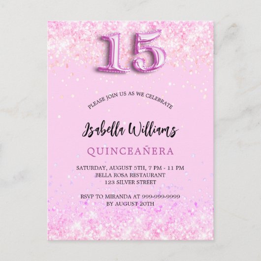 Quinceanera roze confetti meisjesfeest uitnodiging briefkaart (Voorkant)