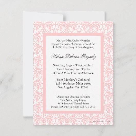 Quinceanera Roze Damast Zacht Roze en Wit Kaart (Achterkant)