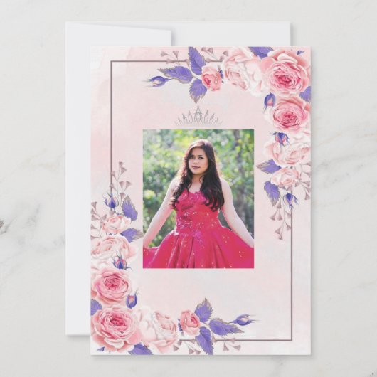 Quinceañera roze en paarse rozen uitnodiging (Achterkant)